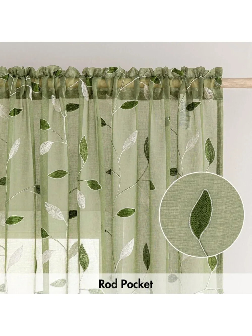 Sage Green Sheer Curtains, 2 Panels with Leaf Pattern, W52 x L96, Home Decor